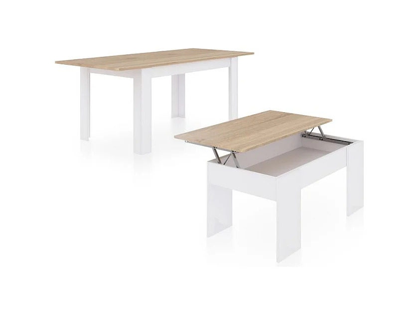 Pack mesa de comedor 123 y mesa de centro Vita Blanco Artik (Blanco Mate) - Roble Canadian