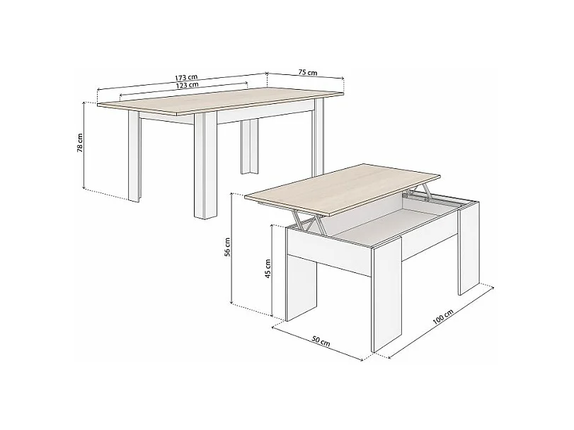 Pack mesa de comedor 123 y mesa de centro Vita Blanco Artik (Blanco Mate) - Roble Canadian
