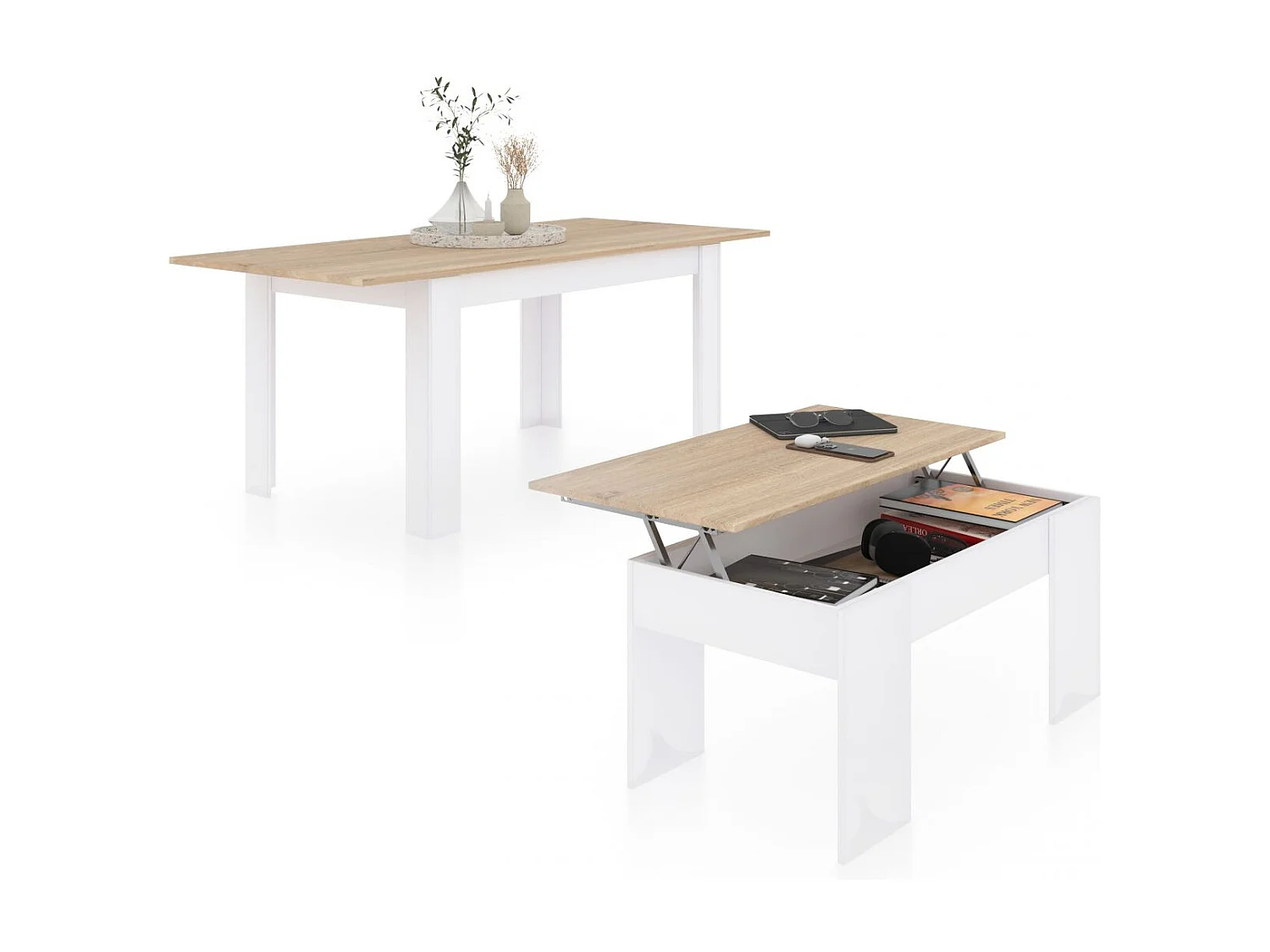 Pack mesa de comedor 123 y mesa de centro Vita Blanco Artik (Blanco Mate) - Roble Canadian