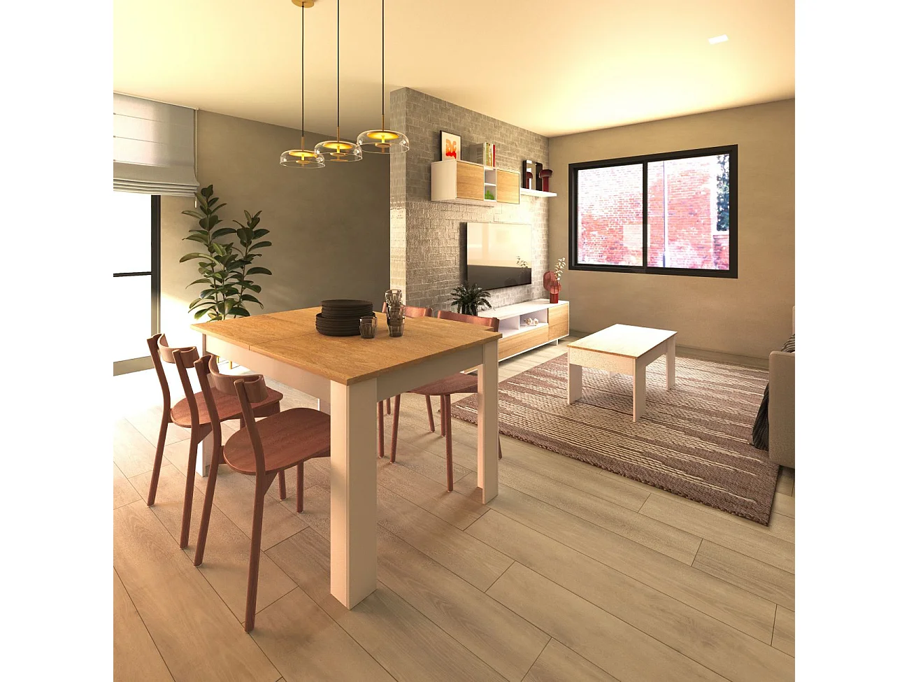 Pack mesa de comedor 123 y mesa de centro Vita Blanco Artik (Blanco Mate) - Roble Canadian