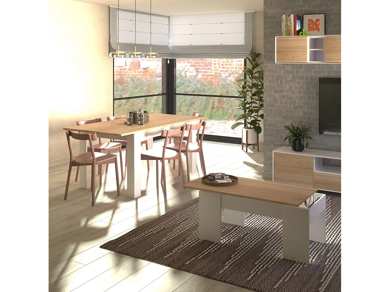 Pack mesa de comedor 123 y mesa de centro Vita Blanco Artik (Blanco Mate) - Roble Canadian