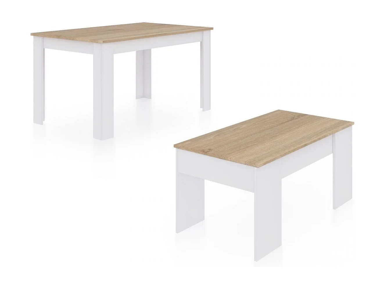 Pack mesa de comedor 123 y mesa de centro Vita Blanco Artik (Blanco Mate) - Roble Canadian