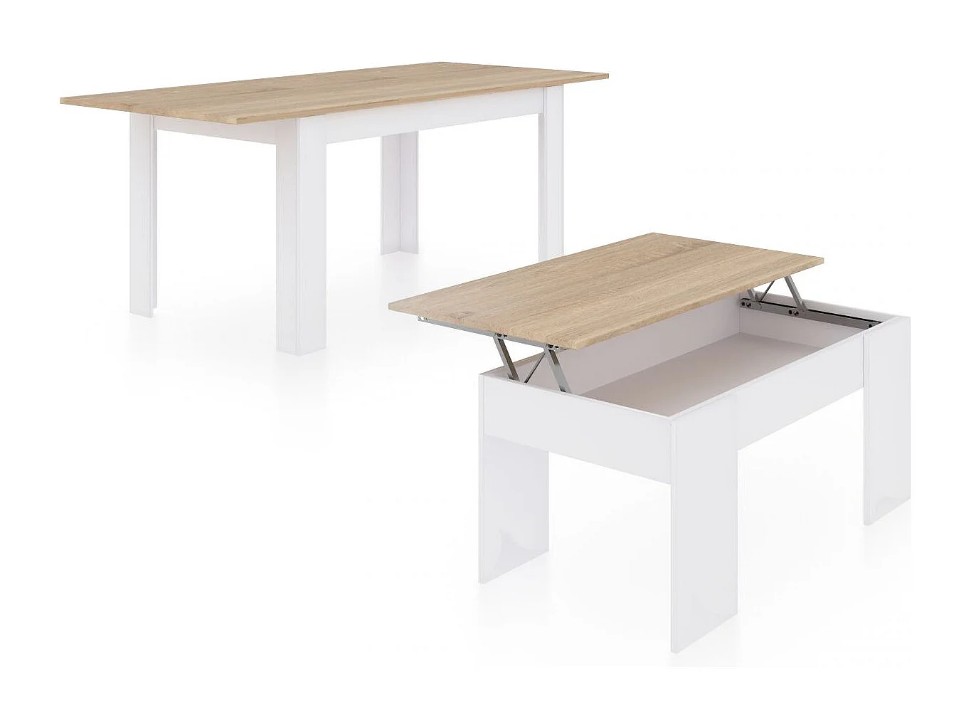 Pack mesa de comedor 123 y mesa de centro Vita Blanco Artik (Blanco Mate) - Roble Canadian