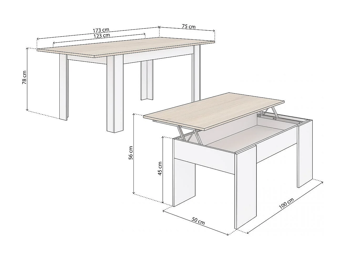 Pack mesa de comedor 123 y mesa de centro Vita Blanco Artik (Blanco Mate) - Roble Canadian