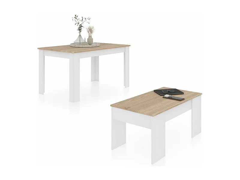 Pack mesa de comedor 123 y mesa de centro Vita Blanco Artik (Blanco Mate) - Roble Canadian