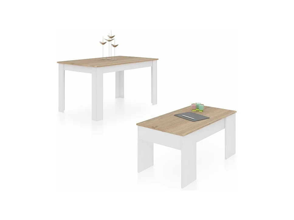Pack mesa de comedor 140 y mesa de centro Vita Blanco Artik (Blanco Mate) - Roble Canadian