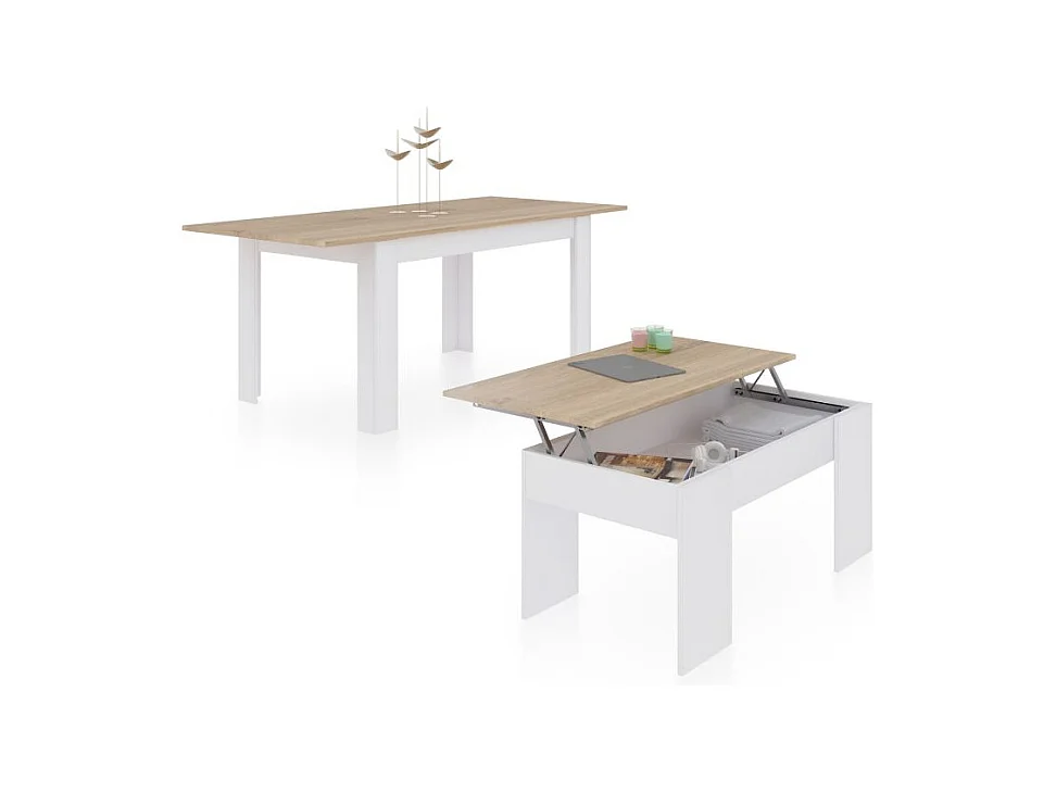Pack mesa de comedor 140 y mesa de centro Vita Blanco Artik (Blanco Mate) - Roble Canadian
