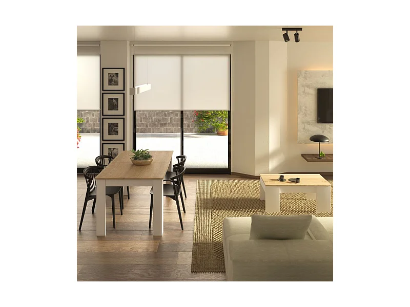 Pack mesa de comedor 140 y mesa de centro Vita Blanco Artik (Blanco Mate) - Roble Canadian