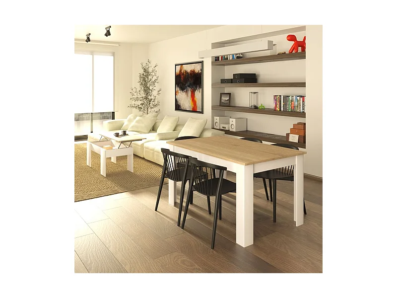 Pack mesa de comedor 140 y mesa de centro Vita Blanco Artik (Blanco Mate) - Roble Canadian