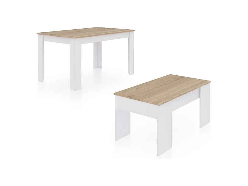 Pack mesa de comedor 140 y mesa de centro Vita Blanco Artik (Blanco Mate) - Roble Canadian