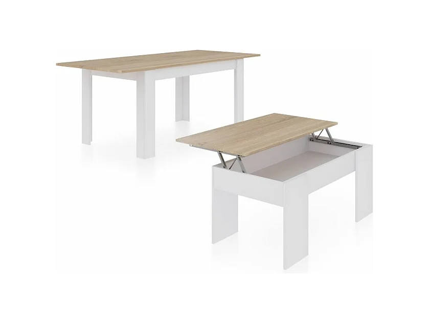 Pack mesa de comedor 140 y mesa de centro Vita Blanco Artik (Blanco Mate) - Roble Canadian