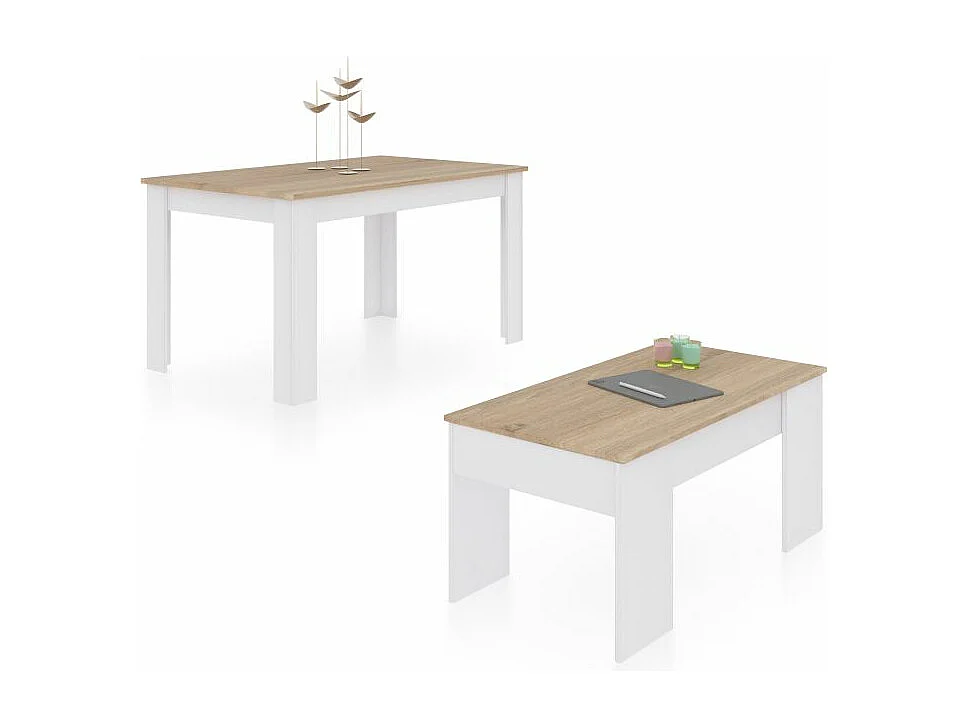 Pack mesa de comedor 140 y mesa de centro Vita Blanco Artik (Blanco Mate) - Roble Canadian