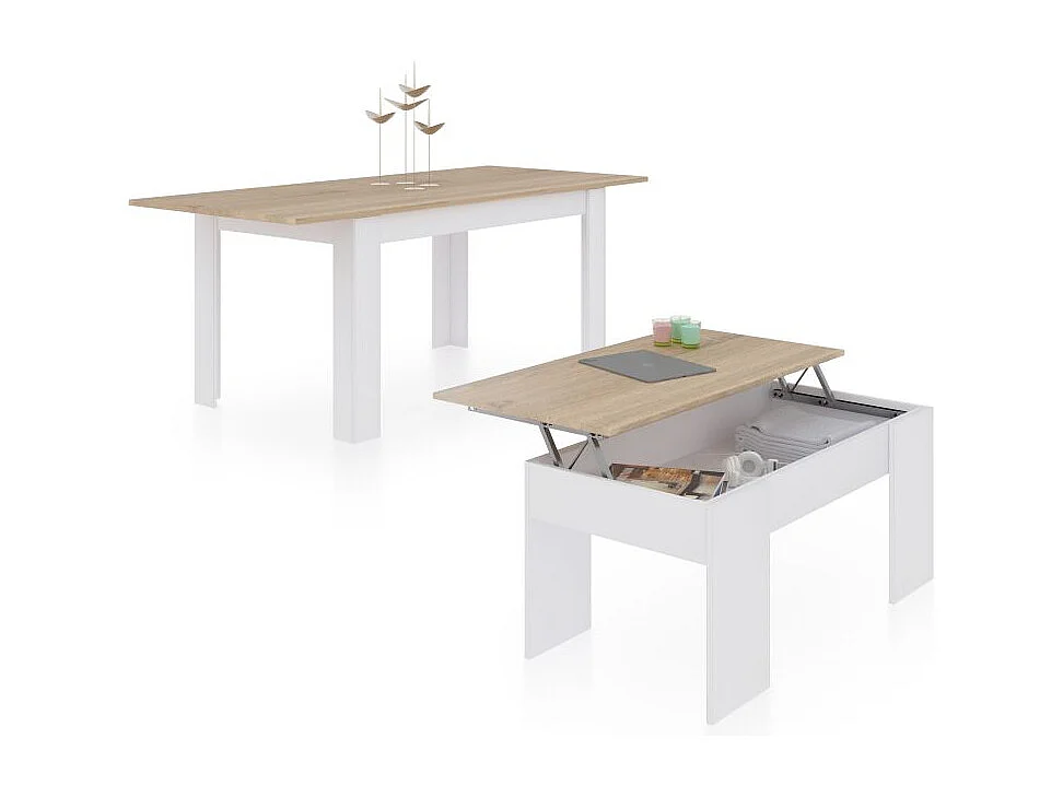 Pack mesa de comedor 140 y mesa de centro Vita Blanco Artik (Blanco Mate) - Roble Canadian