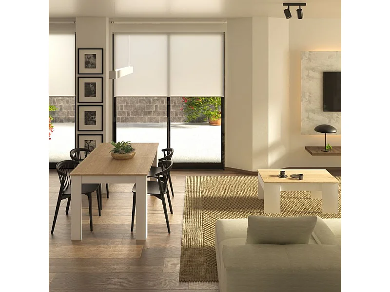 Pack mesa de comedor 140 y mesa de centro Vita Blanco Artik (Blanco Mate) - Roble Canadian