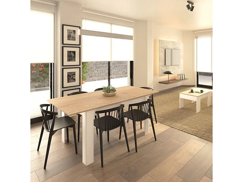 Pack mesa de comedor 140 y mesa de centro Vita Blanco Artik (Blanco Mate) - Roble Canadian