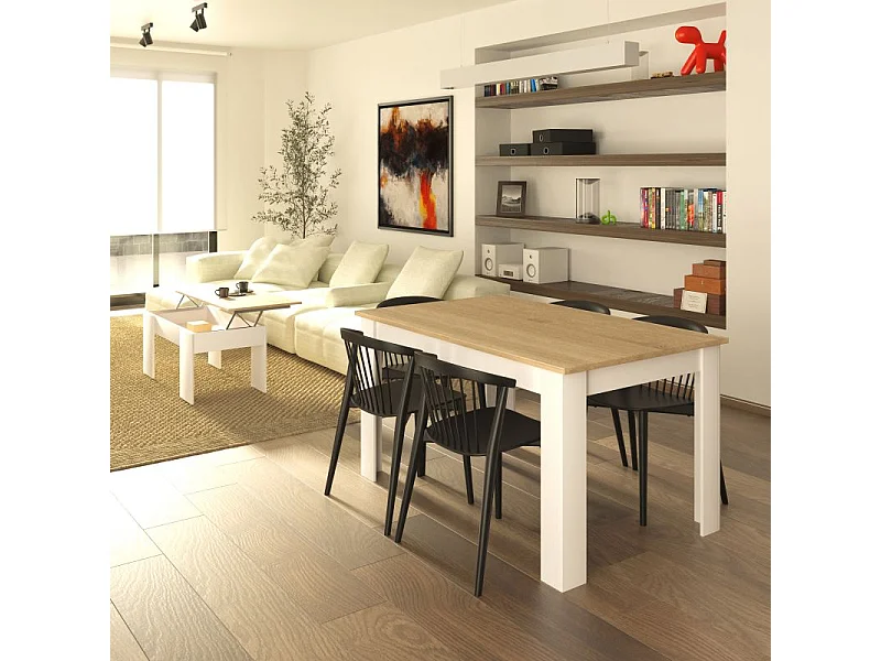 Pack mesa de comedor 140 y mesa de centro Vita Blanco Artik (Blanco Mate) - Roble Canadian