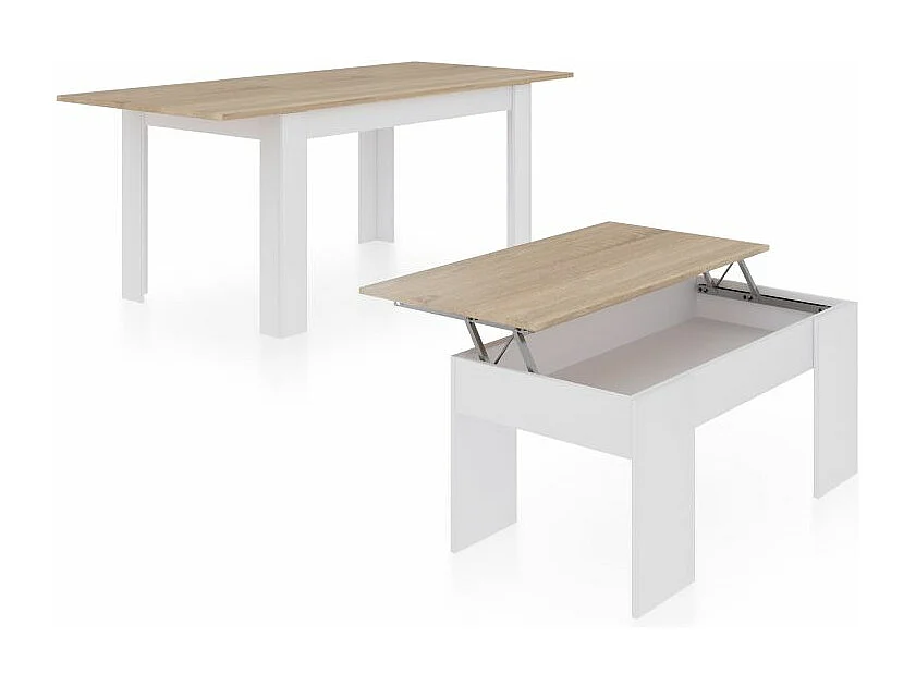 Pack mesa de comedor 140 y mesa de centro Vita Blanco Artik (Blanco Mate) - Roble Canadian