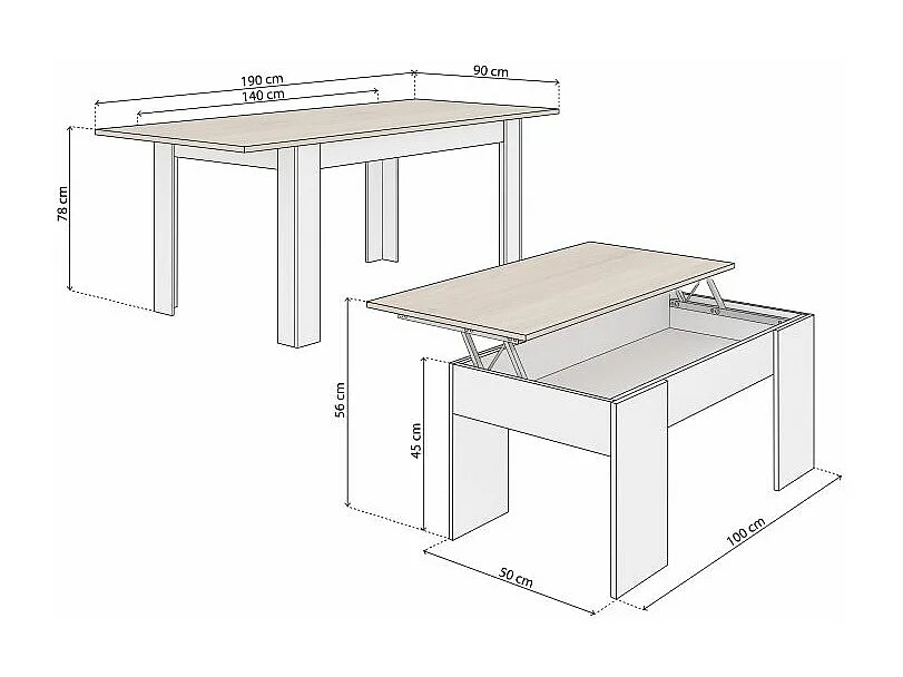 Pack mesa de comedor 140 y mesa de centro Vita Blanco Artik (Blanco Mate) - Roble Canadian