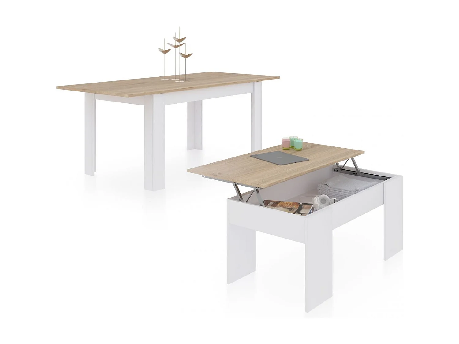 Pack mesa de comedor 140 y mesa de centro Vita Blanco Artik (Blanco Mate) - Roble Canadian
