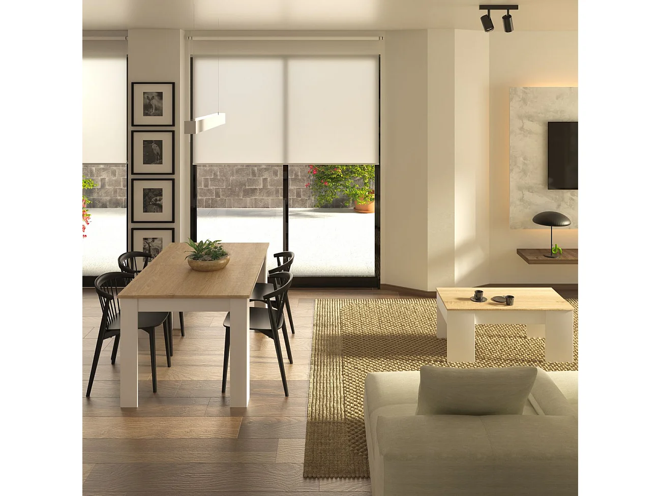 Pack mesa de comedor 140 y mesa de centro Vita Blanco Artik (Blanco Mate) - Roble Canadian