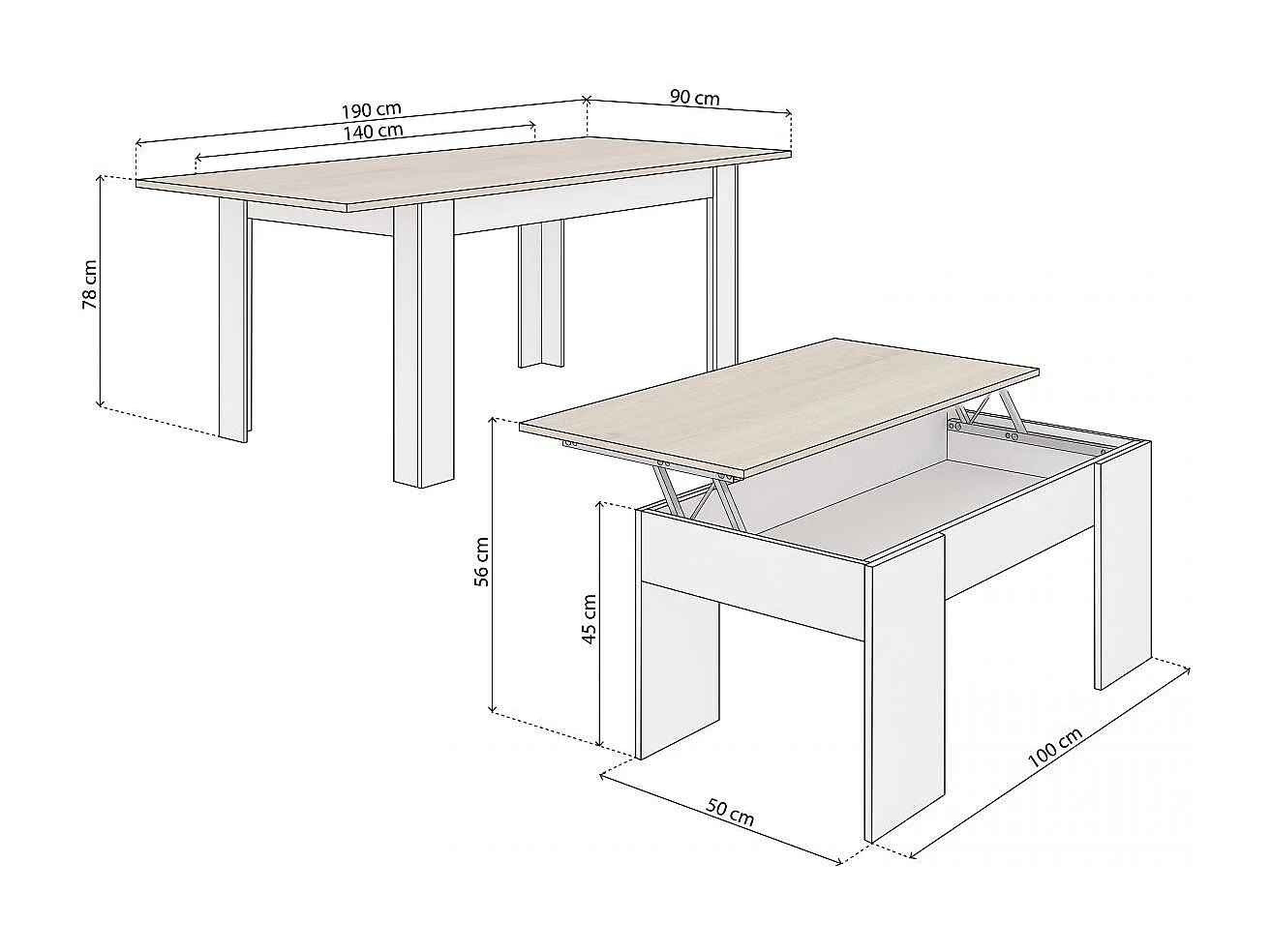 Pack mesa de comedor 140 y mesa de centro Vita Blanco Artik (Blanco Mate) - Roble Canadian