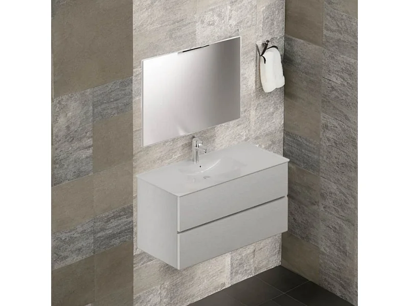 Mobile bagno sospeso bianco frassinato 2 cassetti con lavabo e specchio COMP100BF 101x46x54h