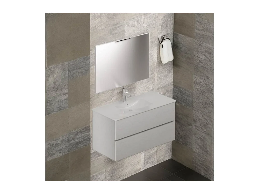 Mobile bagno sospeso bianco frassinato 2 cassetti con lavabo e specchio COMP100BF 101x46x54h