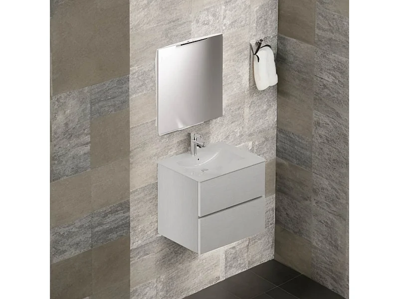 Mobile bagno sospeso bianco frassinato 2 cassetti con lavabo e specchio COMP60BF 61x46x54h