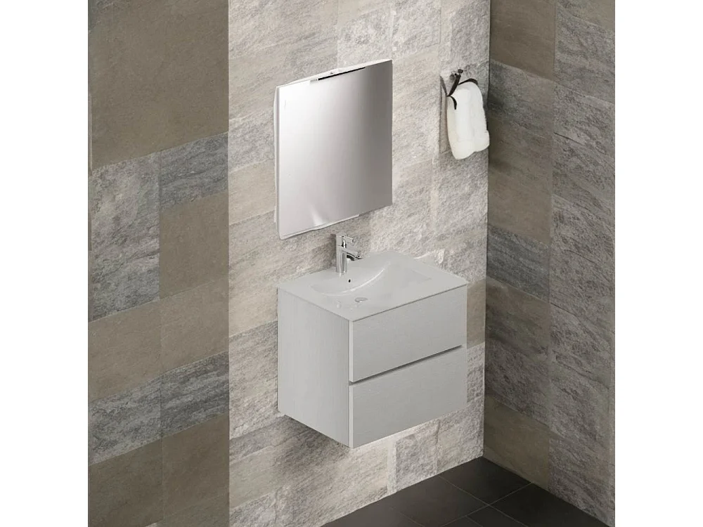Mobile bagno sospeso bianco frassinato 2 cassetti con lavabo e specchio COMP60BF 61x46x54h