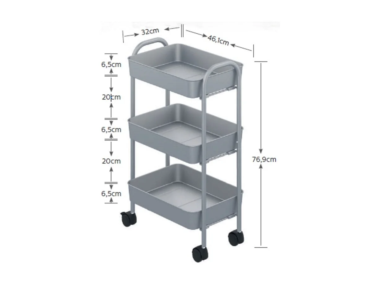 Carrello da cucina 3 ripiani in metallo con ruote Tier 45.5x32x76.4H colore bianco