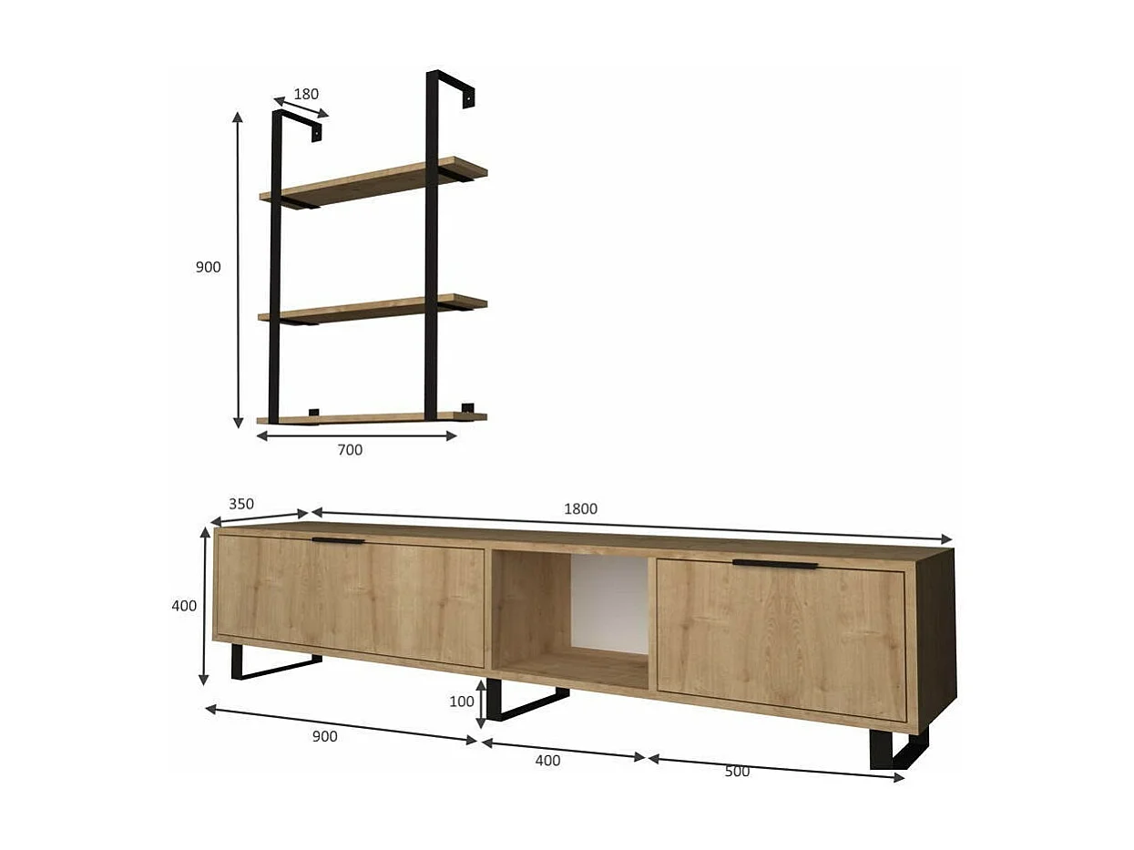 Parete attrezzata 180 cm porta tv e libreria Zenon colore rovere