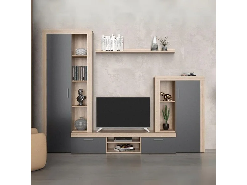 Parete attrezzata Nobel 263,1x40x202h colore rovere sonoma e grafite