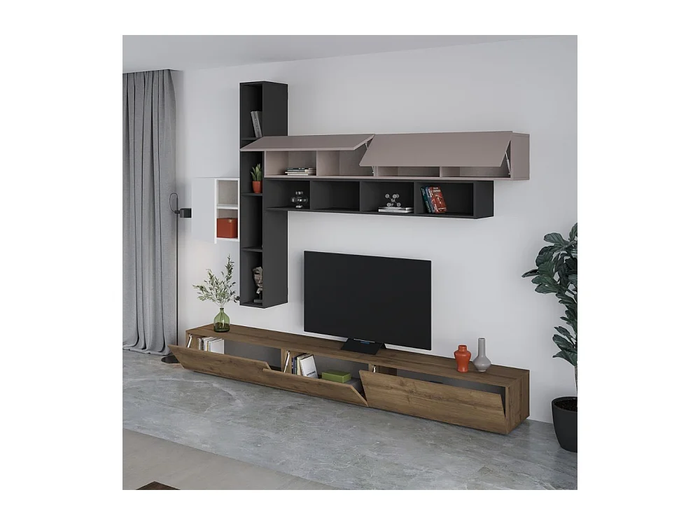 Parete attrezzata noce antracite bianco e tortora Fashion 275x40x205H