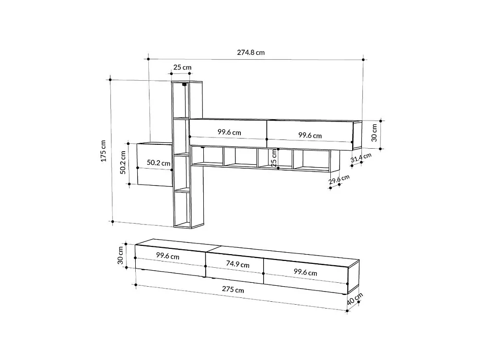 Parete attrezzata noce antracite bianco e tortora Fashion 275x40x205H