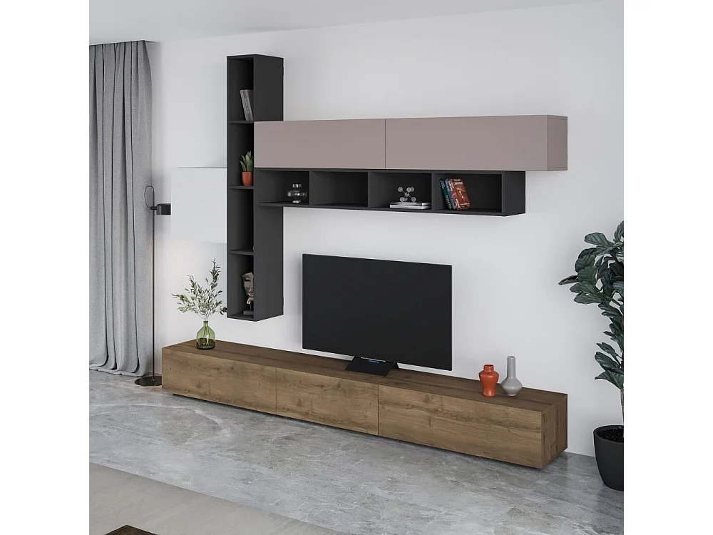 Parete attrezzata noce antracite bianco e tortora Fashion 275x40x205H