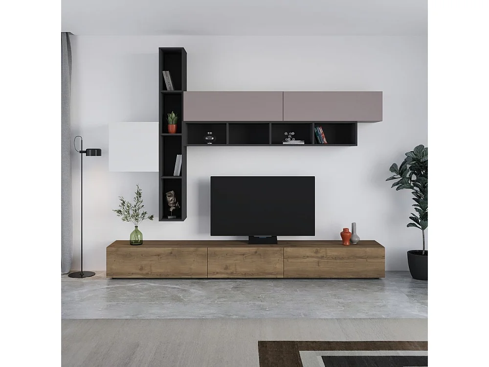 Parete attrezzata noce antracite bianco e tortora Fashion 275x40x205H