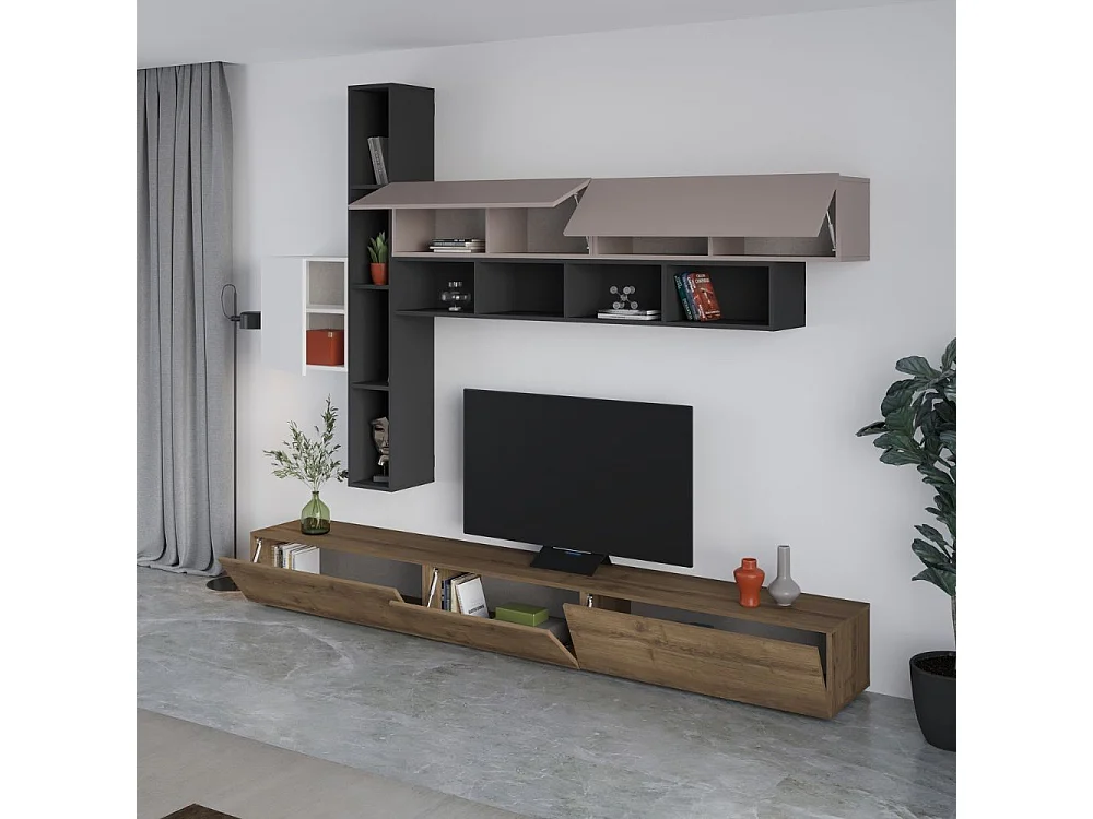 Parete attrezzata noce antracite bianco e tortora Fashion 275x40x205H