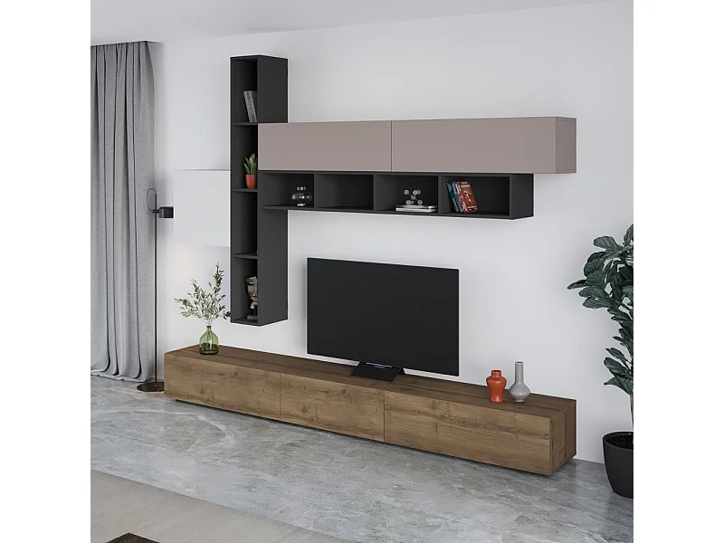 Parete attrezzata noce antracite bianco e tortora Fashion 275x40x205H