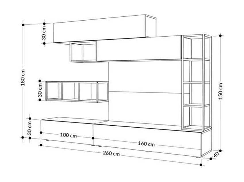 Parete attrezzata 260 cm. Tronador colore bianco e rovere