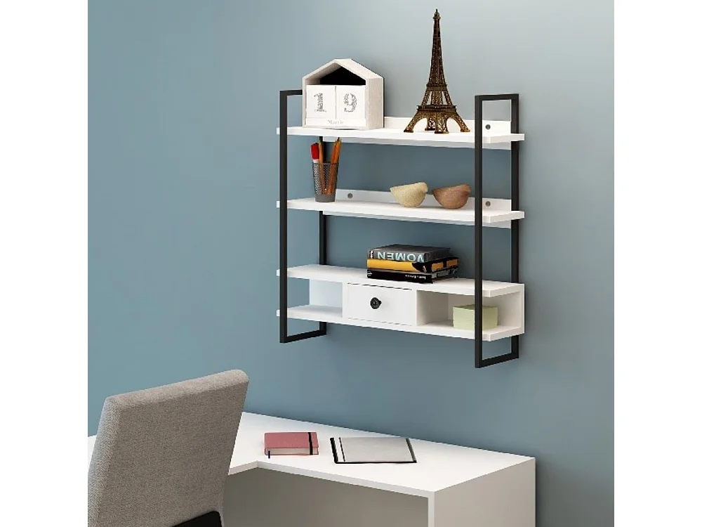 Scaffale da parete mensole e cassetto Severo colore nero e bianco