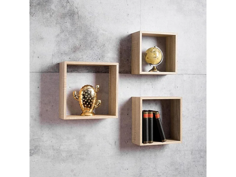 Set 3 mensole da parete forma cubo Shelvy Cub colore sonoma