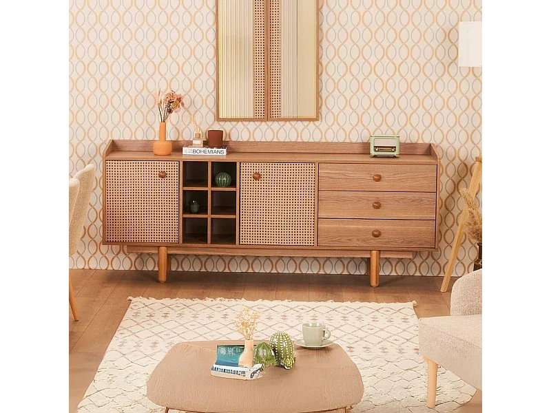 Madia 2 ante effetto vimini con cassetti e vani a giorno finitura rovere miele Natura 206x45x86H