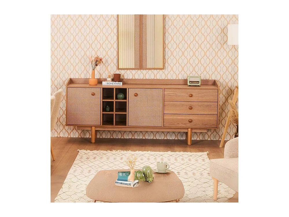 Madia 2 ante effetto vimini con cassetti e vani a giorno finitura rovere miele Natura 206x45x86H