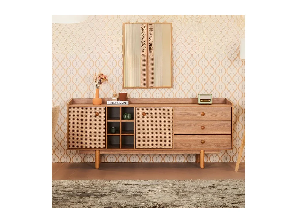 Madia 2 ante effetto vimini con cassetti e vani a giorno finitura rovere miele Natura 206x45x86H