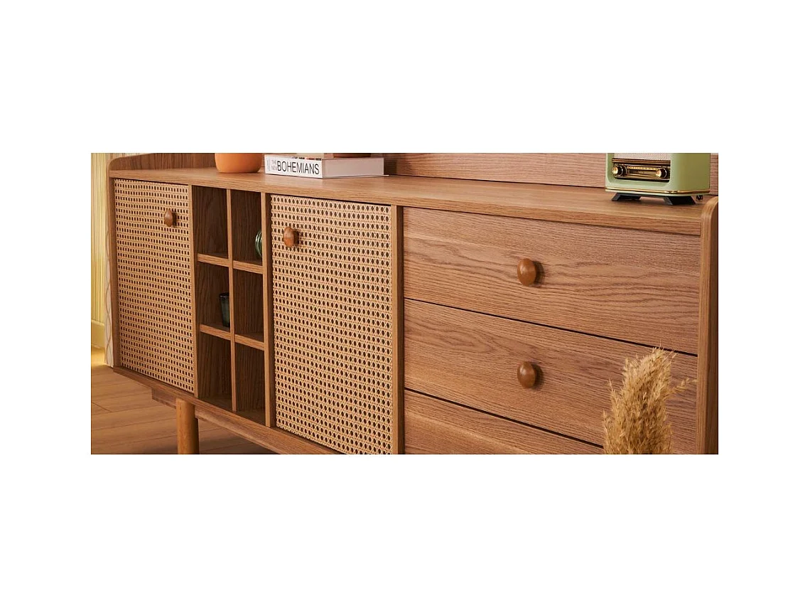 Madia 2 ante effetto vimini con cassetti e vani a giorno finitura rovere miele Natura 206x45x86H