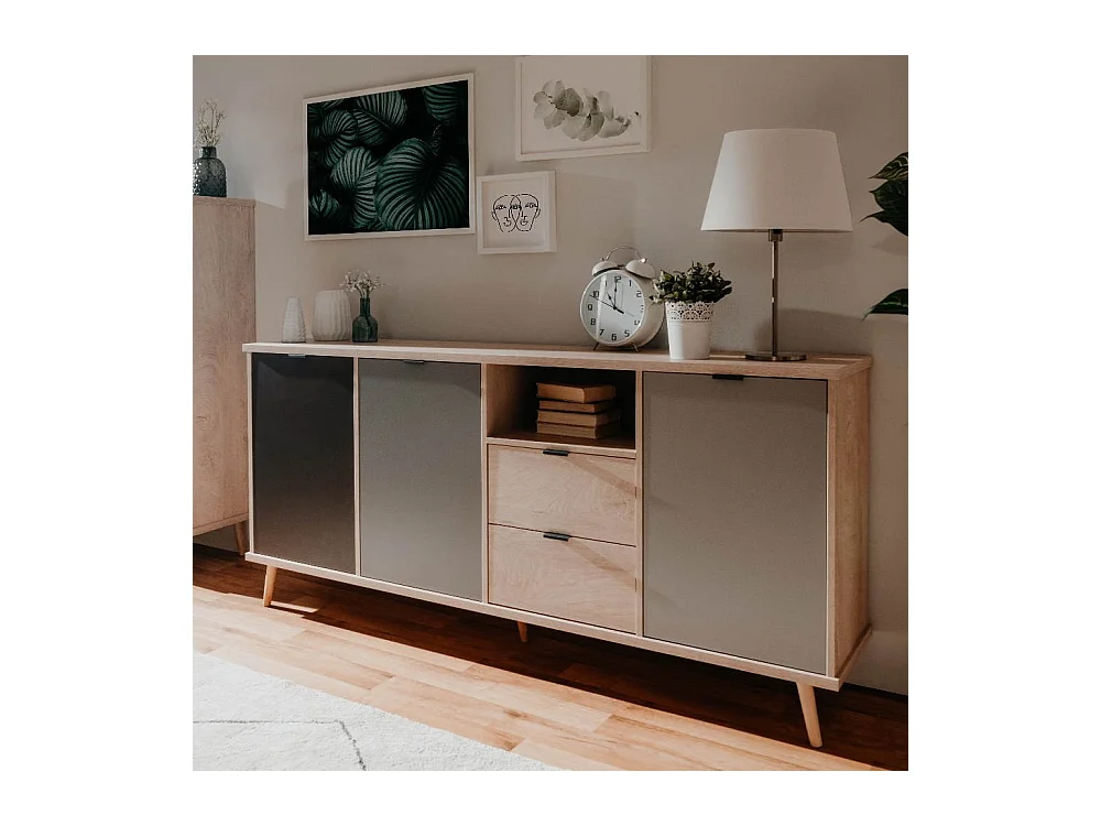 Credenza Epik52 con 3 ante 2 cassetti 180x40x88,3 colore rovere antracite grigio