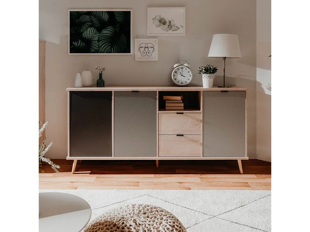 Credenza Epik52 con 3 ante 2 cassetti 180x40x88,3 colore rovere antracite grigio