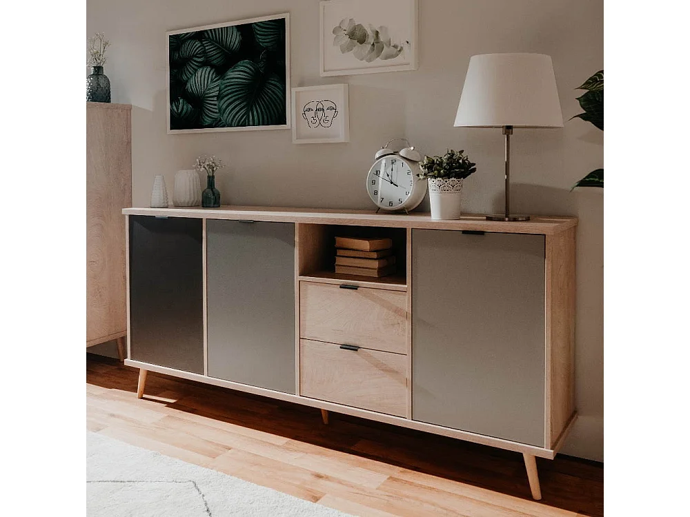 Credenza Epik52 con 3 ante 2 cassetti 180x40x88,3 colore rovere antracite grigio