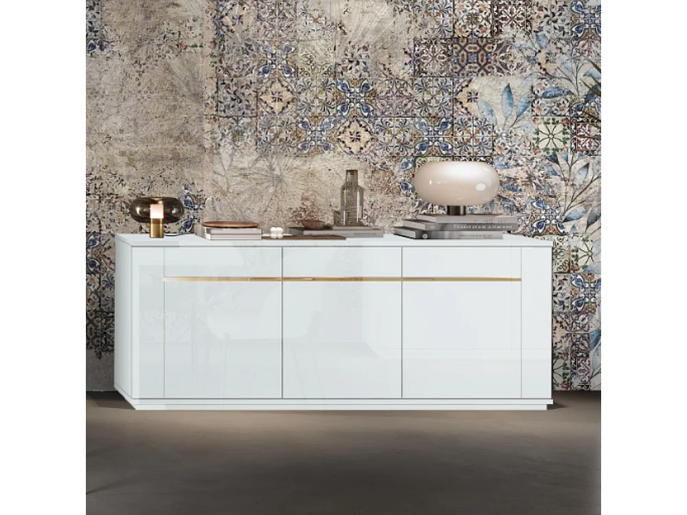 Madia 3 ante bianco lucido laccato con particolari oro Alce 205x49x83h