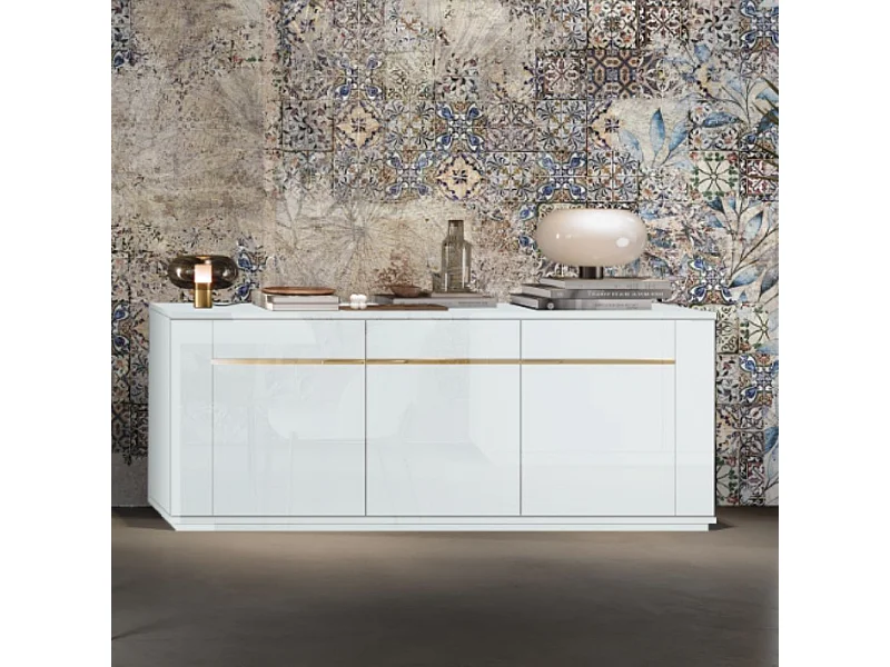 Madia 3 ante bianco lucido laccato con particolari oro Alce 205x49x83h